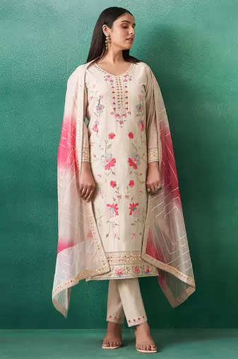 Cream embroidered silk kurta trouser dupatta set