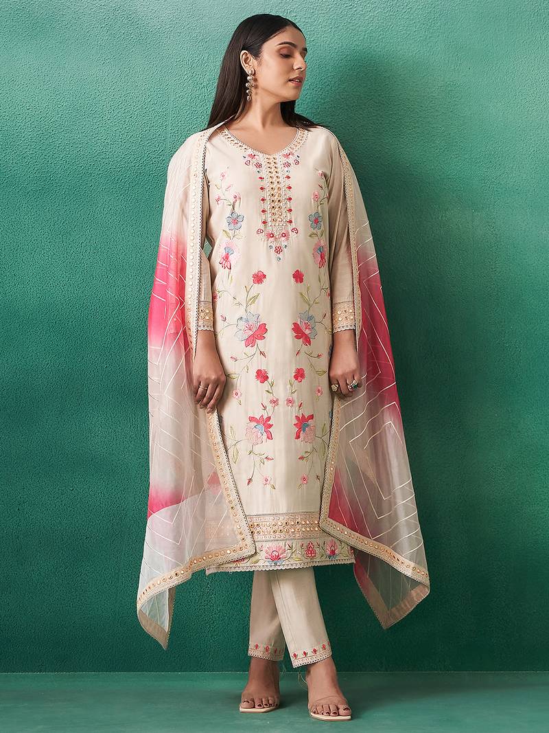 Cream embroidered silk kurta trouser dupatta set