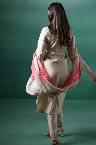 Cream embroidered silk kurta trouser dupatta set