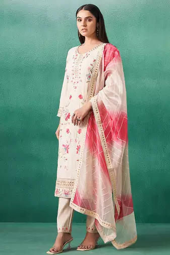 Cream embroidered silk kurta trouser dupatta set