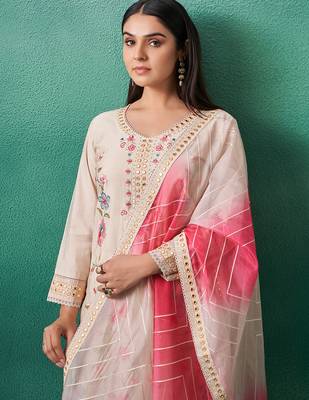 Cream embroidered silk kurta trouser dupatta set 4