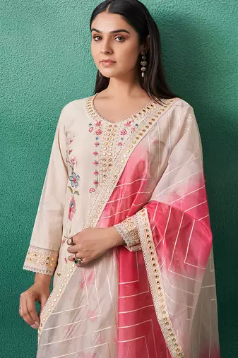 Cream embroidered silk kurta trouser dupatta set
