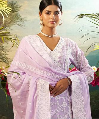 Purple embroidered pure cotton kurta trouser dupatta set 1