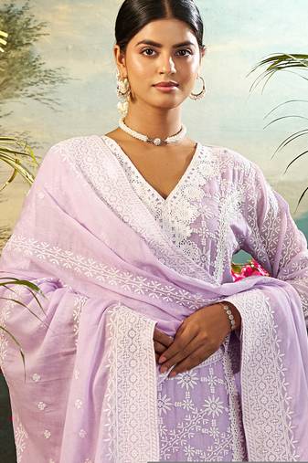 Purple embroidered pure cotton kurta trouser dupatta set