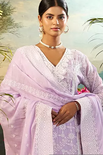 Purple embroidered pure cotton kurta trouser dupatta set