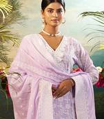 Purple embroidered pure cotton kurta trouser dupatta set