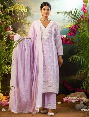 Purple embroidered pure cotton kurta trouser dupatta set 2