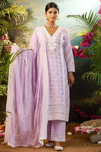 Purple embroidered pure cotton kurta trouser dupatta set