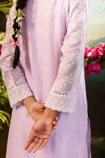 Purple embroidered pure cotton kurta trouser dupatta set
