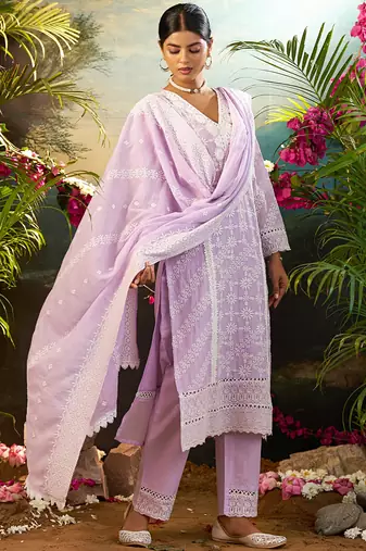 Purple embroidered pure cotton kurta trouser dupatta set