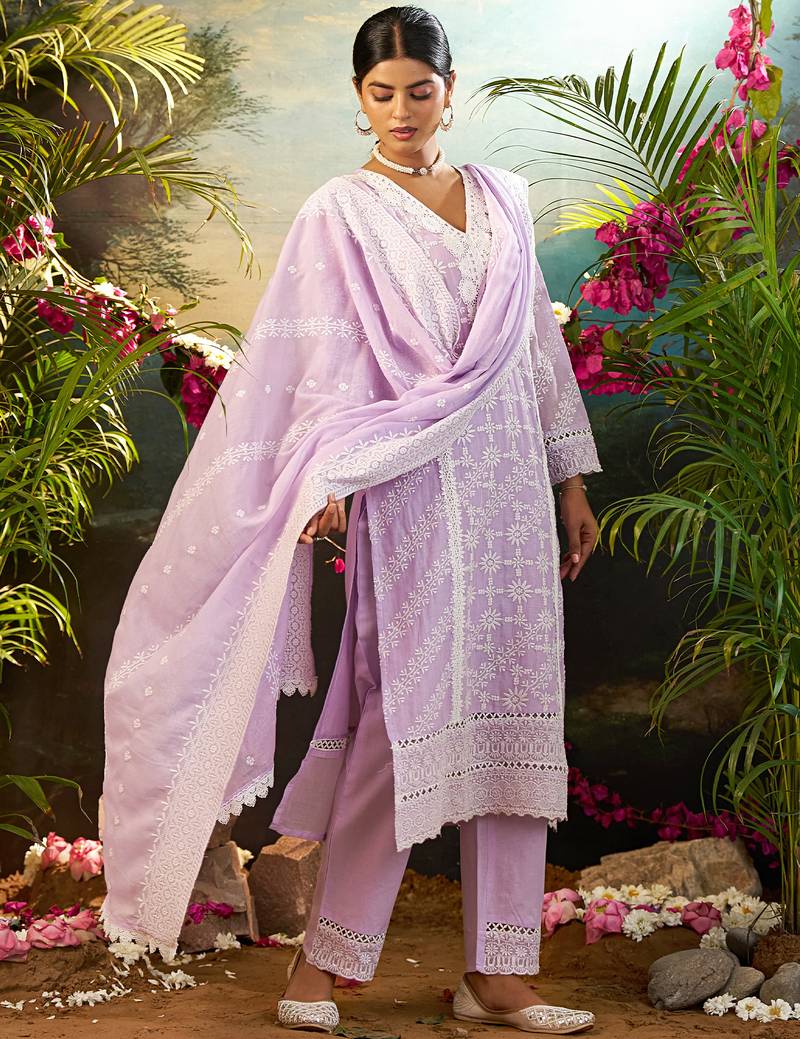 Purple embroidered pure cotton kurta trouser dupatta set