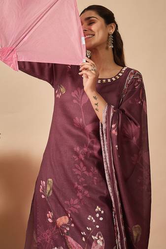 Burgundy printed linen kurta trouser dupatta set