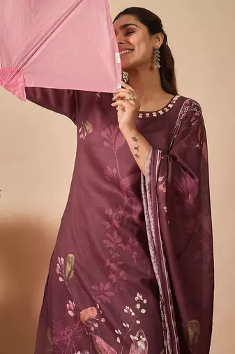 Burgundy printed linen kurta trouser dupatta set