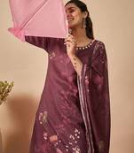 Burgundy printed linen kurta trouser dupatta set