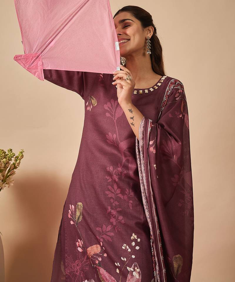 Burgundy printed linen kurta trouser dupatta set