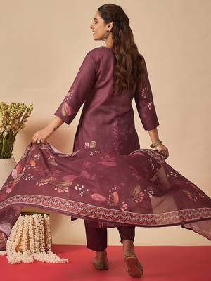 Burgundy printed linen kurta trouser dupatta set 2