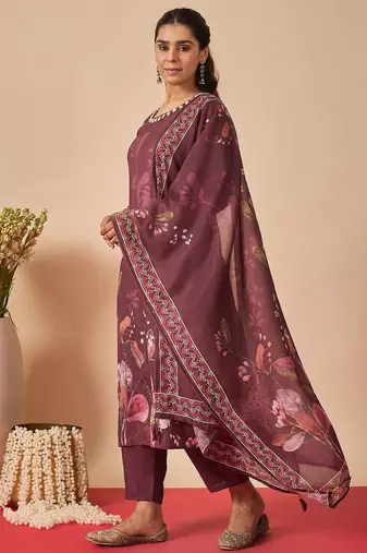 Burgundy printed linen kurta trouser dupatta set
