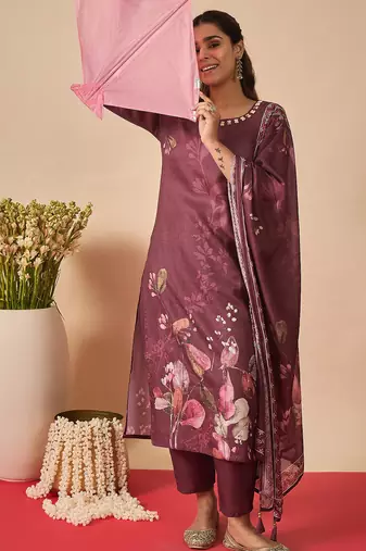 Burgundy printed linen kurta trouser dupatta set