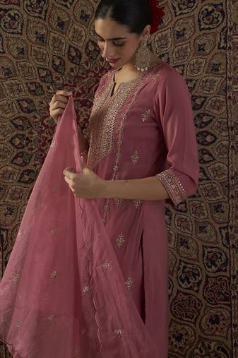 Pink embroidered silk kurta trouser dupatta set