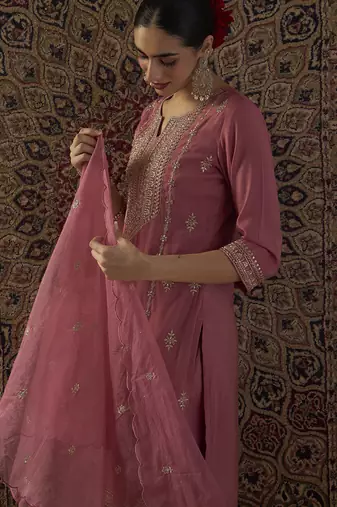 Pink embroidered silk kurta trouser dupatta set