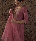 Pink embroidered silk kurta trouser dupatta set