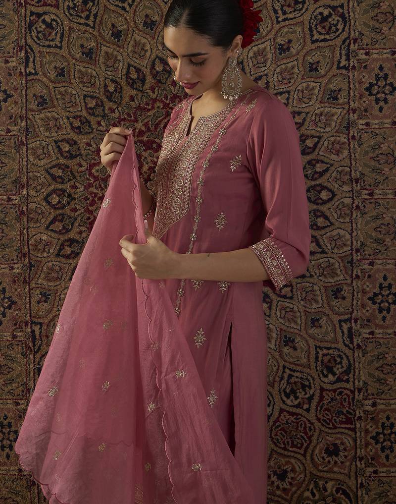 Pink embroidered silk kurta trouser dupatta set