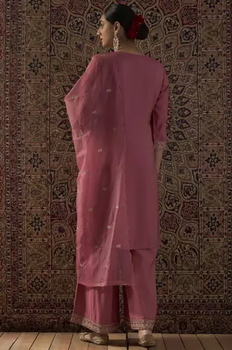 Pink embroidered silk kurta trouser dupatta set