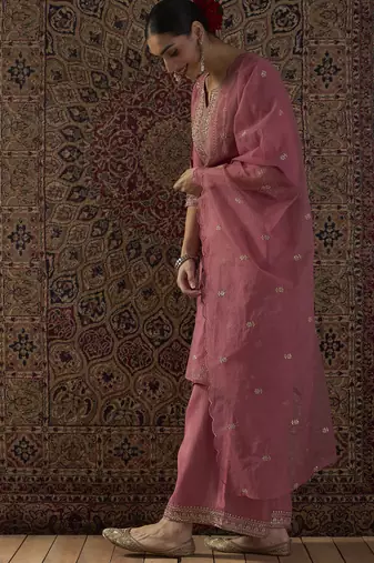 Pink embroidered silk kurta trouser dupatta set