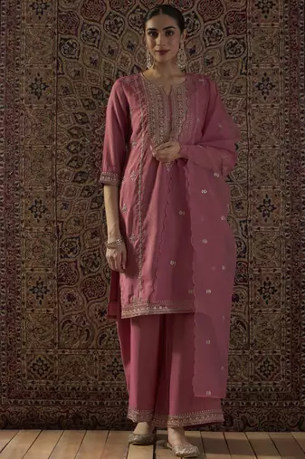 Pink embroidered silk kurta trouser dupatta set
