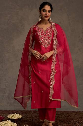 Pink embroidered liva kurta trouser dupatta set