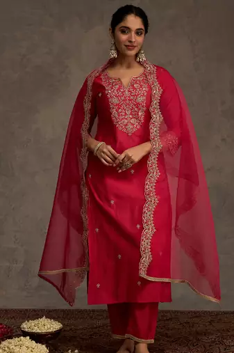 Pink embroidered liva kurta trouser dupatta set