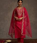 Pink embroidered liva kurta trouser dupatta set