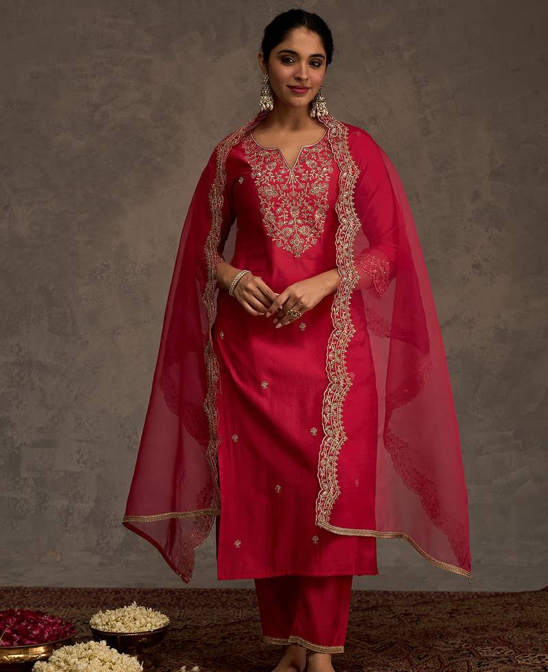 Pink embroidered liva kurta trouser dupatta set