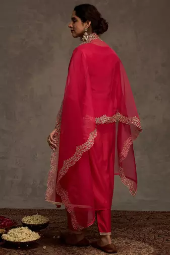 Pink embroidered liva kurta trouser dupatta set