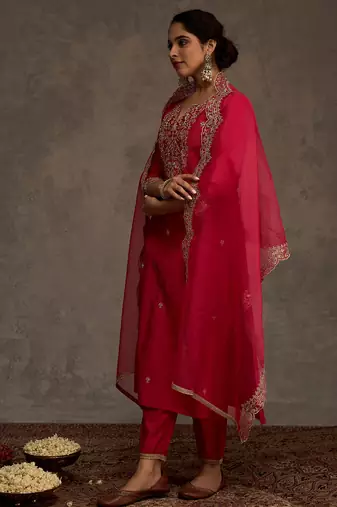 Pink embroidered liva kurta trouser dupatta set