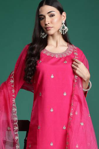 Magenta embroidered silk kurta trouser dupatta set