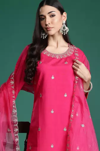 Magenta embroidered silk kurta trouser dupatta set