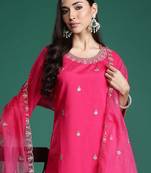 Magenta embroidered silk kurta trouser dupatta set