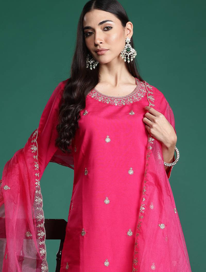 Magenta embroidered silk kurta trouser dupatta set