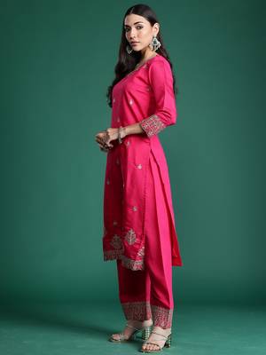 Magenta embroidered silk kurta trouser dupatta set 2