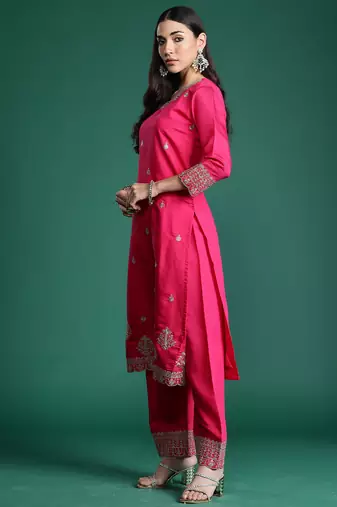 Magenta embroidered silk kurta trouser dupatta set