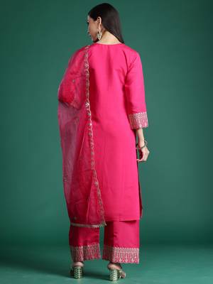 Magenta embroidered silk kurta trouser dupatta set 3
