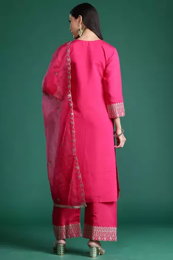 Magenta embroidered silk kurta trouser dupatta set