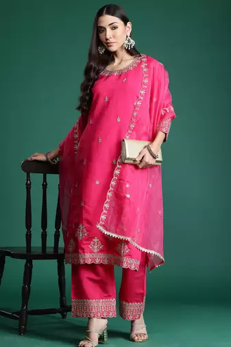 Magenta embroidered silk kurta trouser dupatta set