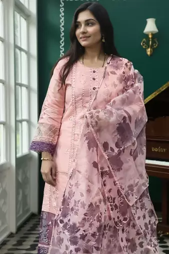 Pink embroidered silk kurta trouser dupatta set