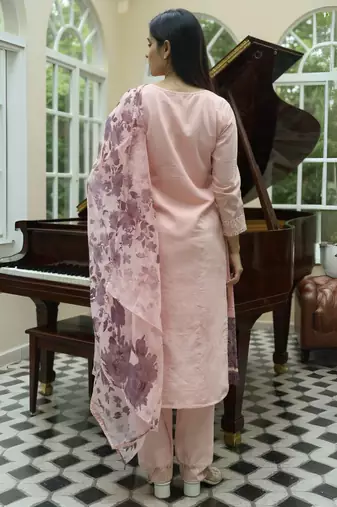 Pink embroidered silk kurta trouser dupatta set