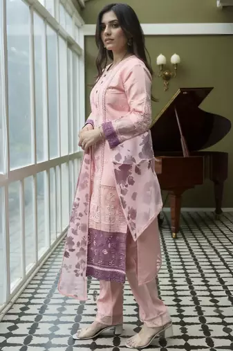 Pink embroidered silk kurta trouser dupatta set