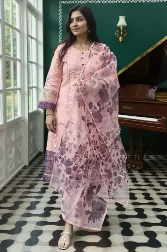 Pink embroidered silk kurta trouser dupatta set