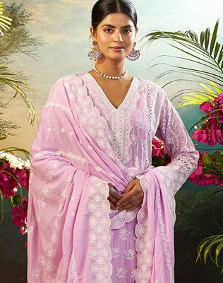 Lavender embroidered pure cotton kurta trouser dupatta set 1