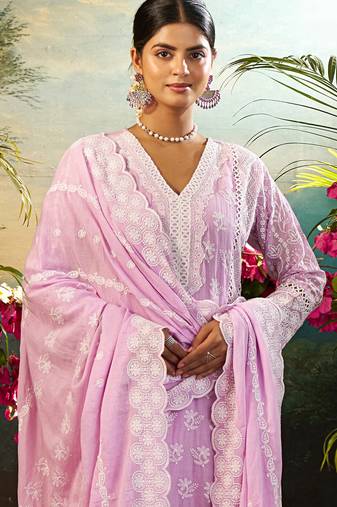 Lavender embroidered pure cotton kurta trouser dupatta set
